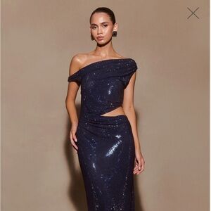 MESHKI Diamante One Shoulder Maxi Dress - Navy